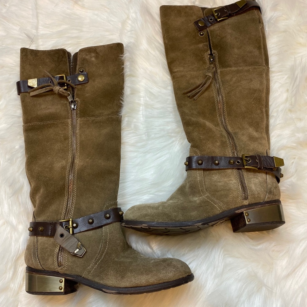 Very Volatile Suede Emperor Brown Gold Plated Knee High Zip Riding Boots - Picture 8 of 12